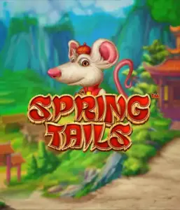 An enchanting illustration of a mouse dressed in traditional Chinese attire positioned in front of a vibrant landscape with mountains. The image represents the Spring Tails game by Betsoft, showcased with prominent red and gold logo text.